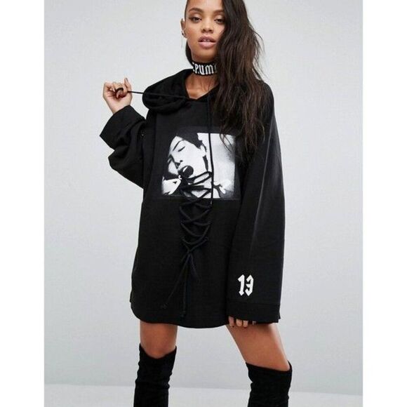 Puma Fenty by Rihanna Black White Long Sleeve Oversized Hoodie Sweatshirt XS - Picture 3 of 13